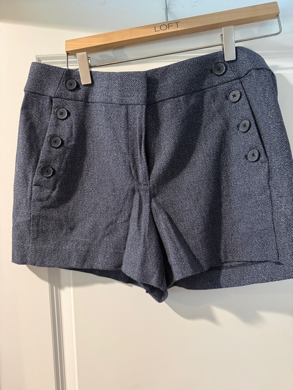 LOFT Navy Textured High-Waist Button-Accent Shorts